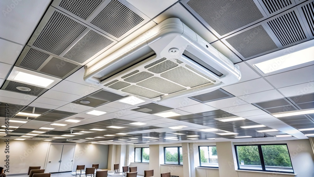 A stock photo showing a modern energy efficient ceiling mounted air conditioning unit in a large educational space, comfort,cooling solution, large educational space, energy A stock photo showing a modern energy efficient ceiling mounted air conditioning unit in a large educational space, comfort,cooling solution, large educational space, energy
