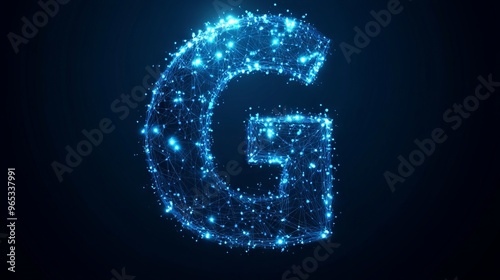 Abstract polygonal letter G consists of polygons, lines, and connected glowing dots. 3D wireframe vector illustration. Technology low poly alphabet concept. Blue on dark blue background 