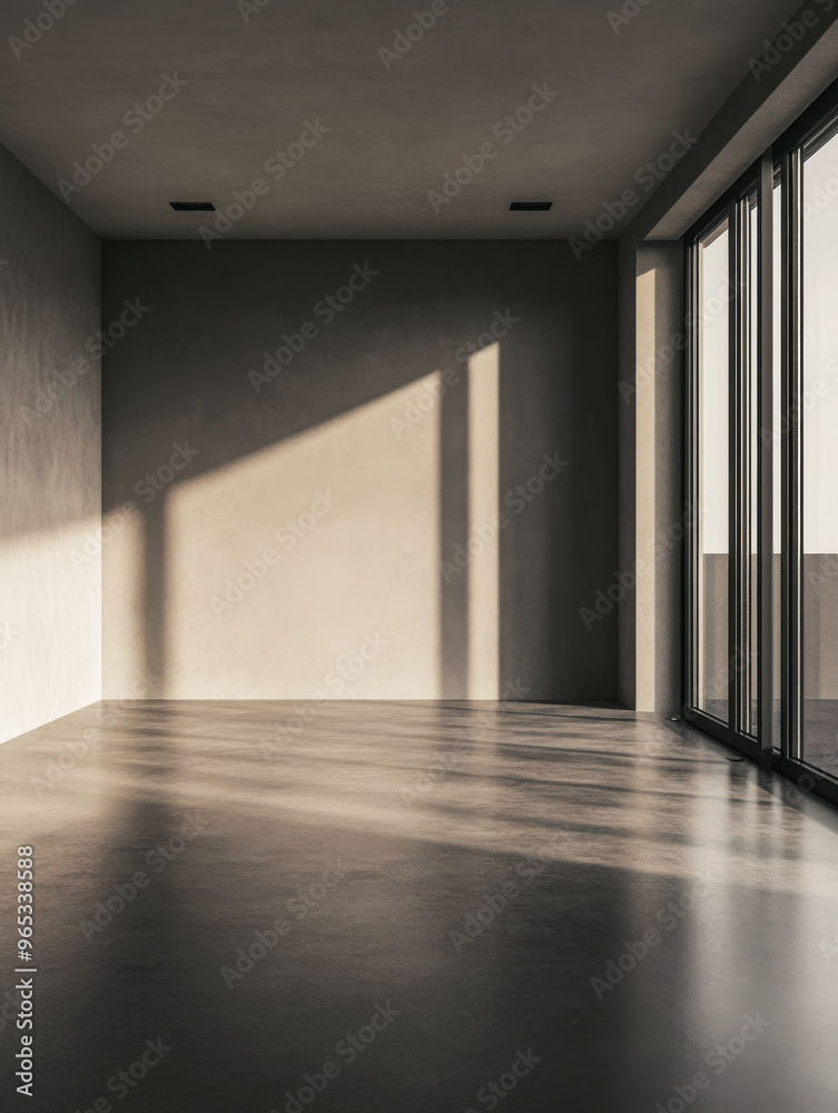 Empty room interiors with large windows providing natural lighting and views in neutral tones Empty room interiors with large windows providing natural lighting and views in neutral tones