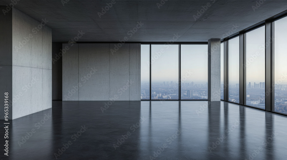 Empty room interiors with large windows providing natural lighting and views in neutral tones Empty room interiors with large windows providing natural lighting and views in neutral tones