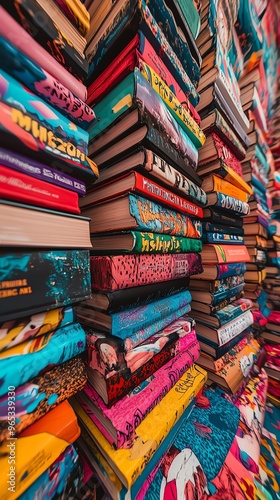 A vibrant low-angle view of a stack of modern novels