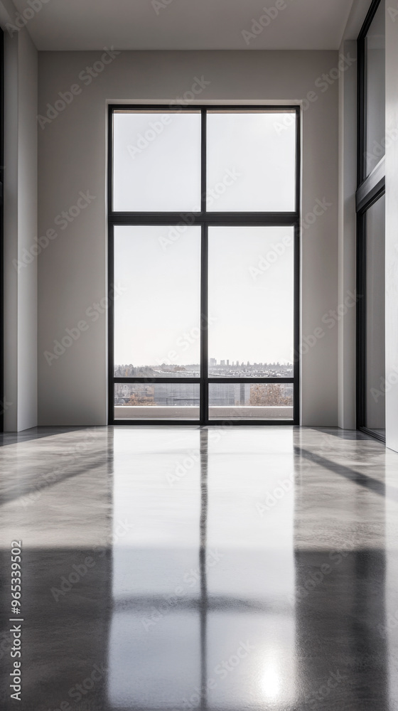 Empty room interiors with large windows providing natural lighting and views in neutral tones Empty room interiors with large windows providing natural lighting and views in neutral tones