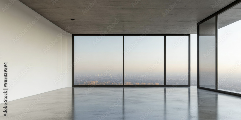 Fototapeta premium Empty room interiors with large windows providing natural lighting and views in neutral tones