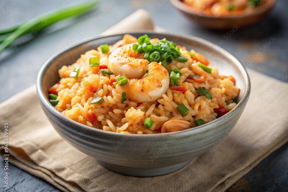 flavorful, Asian cuisine, A close up stock photo of a delicious bowl of fried rice with kimchi and shrimp placed on a light table with a perfectly executed depth of field effect flavorful, Asian cuisine, A close up stock photo of a delicious bowl of fried rice with kimchi and shrimp placed on a light table with a perfectly executed depth of field effect