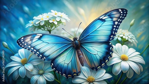 detailed description for the stock photo A close up oil painting of a blue butterfly delicately perched on a white flower showcasing intricate details of the butterfly s wings and the flower petals photo