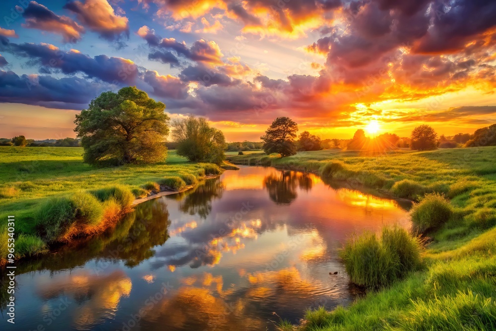 Warm sunlight dips low, casting a golden glow over a serene river and lush meadow, where nature's palette paints a masterpiece of vibrant colors. Warm sunlight dips low, casting a golden glow over a serene river and lush meadow, where nature's palette paints a masterpiece of vibrant colors.