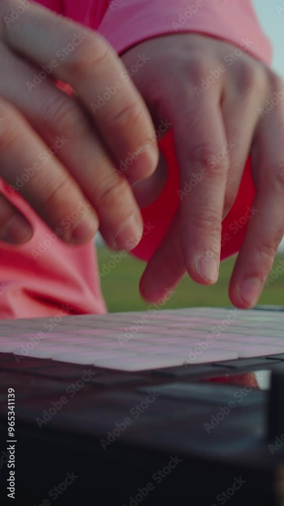 hands pressing buttons on music controller with pink backlight hands pressing buttons on music controller with pink backlight
