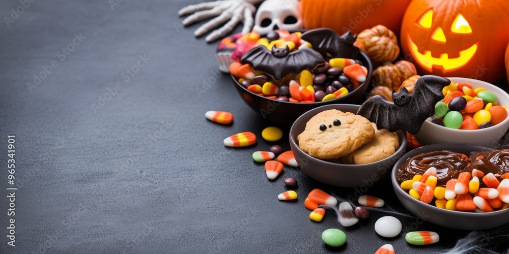 Halloween-themed banner background with candy corn, spooky bat-shaped cookies, chocolates, and colorful treats. Festive decoration concept with copy space Halloween-themed banner background with candy corn, spooky bat-shaped cookies, chocolates, and colorful treats. Festive decoration concept with copy space