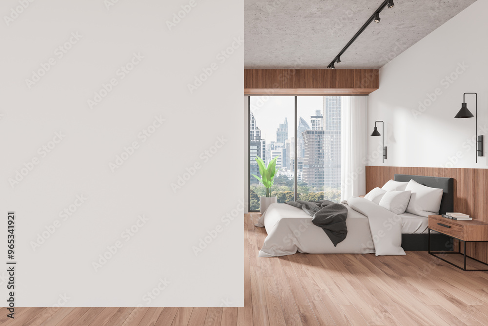 Stylish hotel bedroom interior with bed and panoramic window. Mockup wall Stylish hotel bedroom interior with bed and panoramic window. Mockup wall