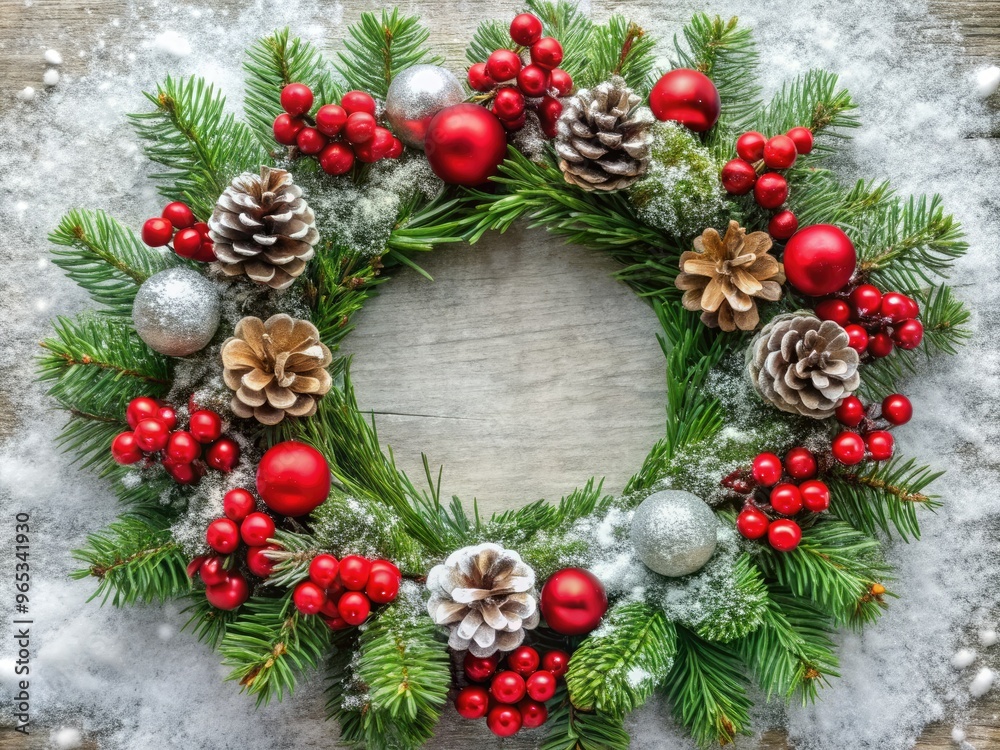 Vibrant evergreen wreath adorned with bright red berries, snow-kissed pinecones, and delicate silver ornaments, set against a soft winter wonderland background. Vibrant evergreen wreath adorned with bright red berries, snow-kissed pinecones, and delicate silver ornaments, set against a soft winter wonderland background.