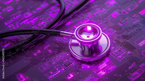 A sleek stethoscope rests on a vibrant purple circuit board, symbolizing the fusion of medicine and technology. photo