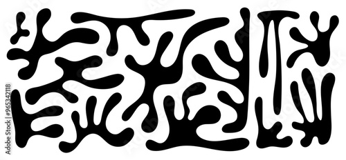 A set of hand drawn funky black blobs. Collection of decorative vector splashes of liquid, oil or paint.
