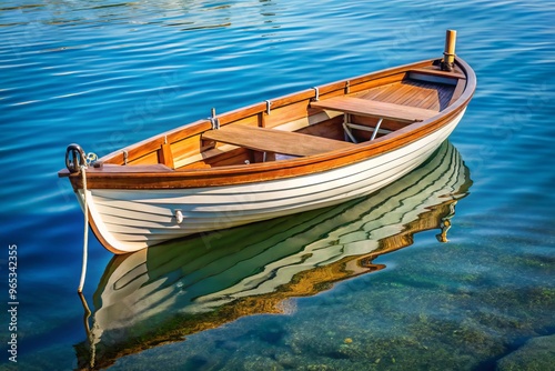 A slender boat with pointed ends navigates quietly through the still waters, its reflections rippling out in harmony with the gentle lapping of the waves against its hull. photo