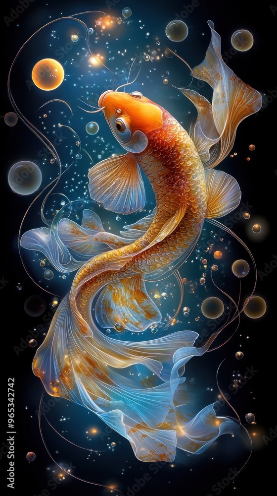 Golden carp with intricate patterns swimming through rippling water under the moonlight Golden carp with intricate patterns swimming through rippling water under the moonlight