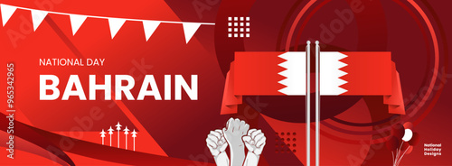 Happy Bahrain National Day. Modern abstract shapes with typography and fist to celebrate national holidays in Bahrain flag colors. Suitable for posters, banners, greeting cards, and much more