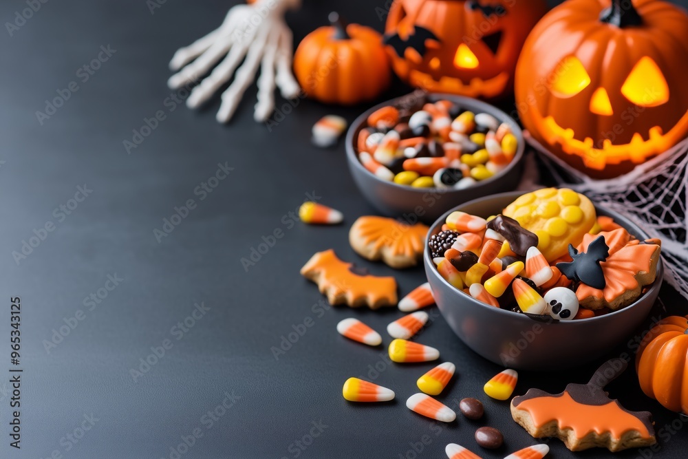 Festive Halloween-themed background with candy corn, spooky cookies, assorted sweets, and glowing jack-o'-lanterns. Holiday party decor concept with copy space, Festive Halloween-themed background with candy corn, spooky cookies, assorted sweets, and glowing jack-o'-lanterns. Holiday party decor concept with copy space,