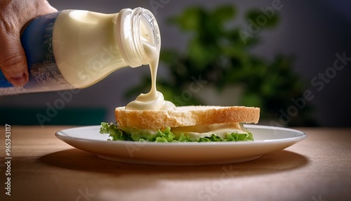 The sandwich is filled with fresh, appetizing ingredients, and the mayonnaise is being applied smoothly and evenly from the jar. ai generated photo