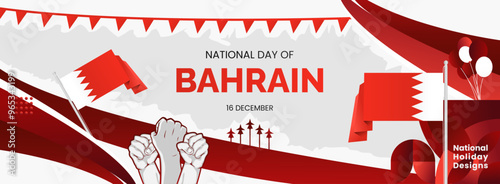 Happy Bahrain National Day. Modern abstract shapes with typography and fist to celebrate national holidays in Bahrain flag colors. Suitable for posters, banners, greeting cards, and much more