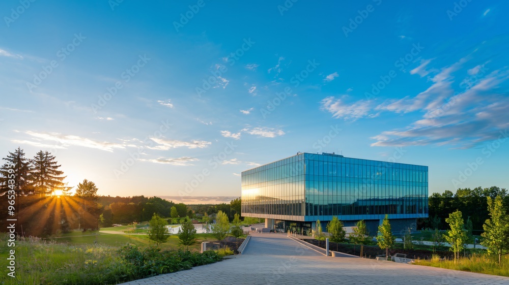 A photo of a modern glass building with a sleek facade, set within a park-like environment with lush greenery and trees.
The sky above is a clear blue with a few scattered clouds, A photo of a modern glass building with a sleek facade, set within a park-like environment with lush greenery and trees.
The sky above is a clear blue with a few scattered clouds,