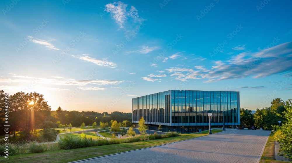 Obraz premium A photo of a modern glass building with a sleek facade, set within a park-like environment with lush greenery and trees. The sky above is a clear blue with a few scattered clouds,