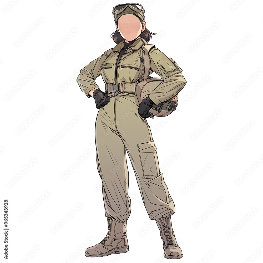 An illustration of a faceless female military pilot standing An illustration of a faceless female military pilot standing