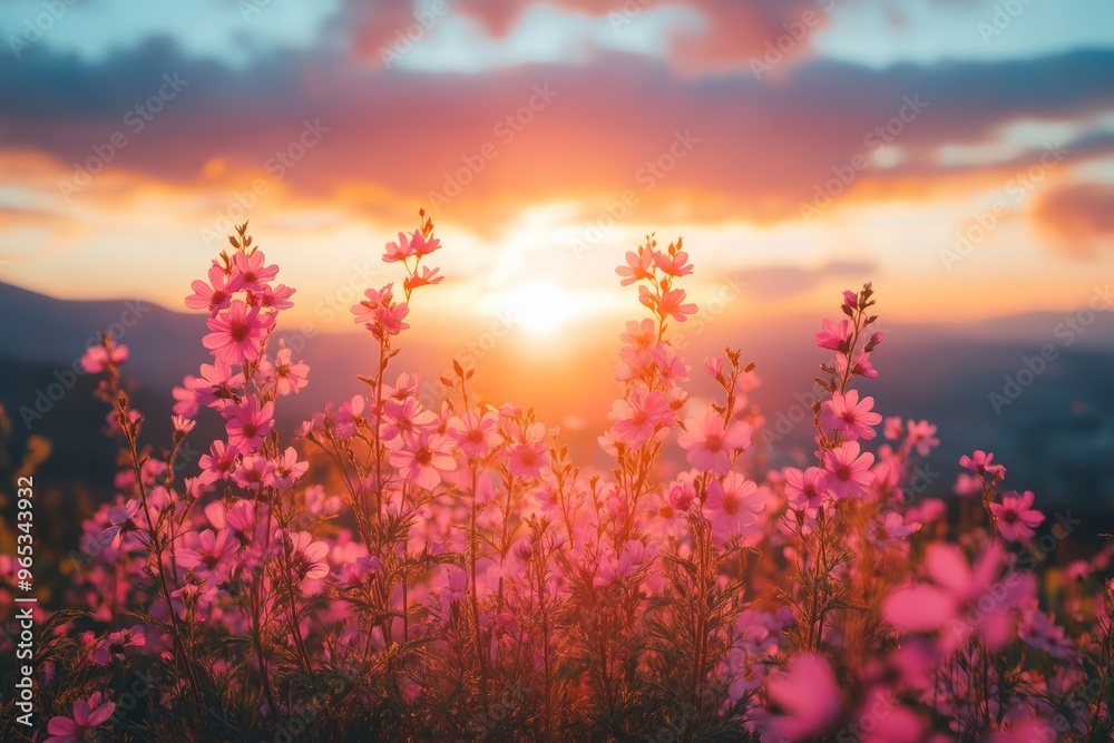 Warm Sunrise over a Field of Wildflowers with a Dramatic Sky, Perfect for Nature and Landscape Photography Generative AI Warm Sunrise over a Field of Wildflowers with a Dramatic Sky, Perfect for Nature and Landscape Photography Generative AI