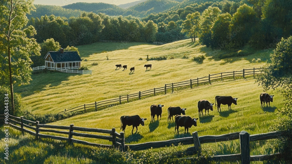Obraz premium Rural Landscape with Cows Grazing in a Field Near a Farmhouse