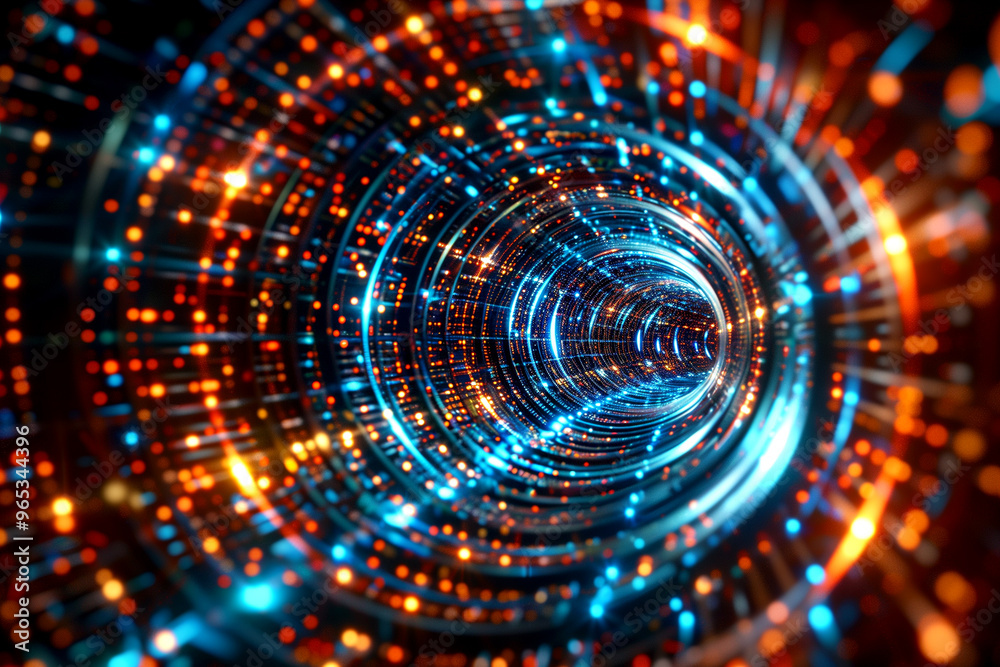 A spiral tunnel with bright colors and glowing dots. The tunnel appears to be a part of a futuristic world A spiral tunnel with bright colors and glowing dots. The tunnel appears to be a part of a futuristic world