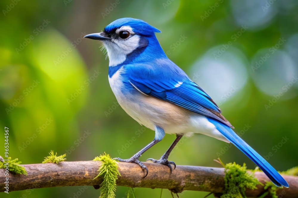 A striking blue and white bird sits regally on a lush green branch, its feathers glowing softly in the morning sunlight as it gazes leftward. A striking blue and white bird sits regally on a lush green branch, its feathers glowing softly in the morning sunlight as it gazes leftward.