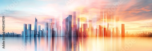 A vibrant city skyline at sunrise, with blurred, futuristic skyscrapers reflecting in the water photo