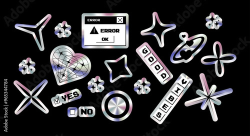 Set of retro-futuristic stickers with holographic effect. Window with error, heart, stars, inscription good vibes. Vector design elements for advertising materials, social networks
