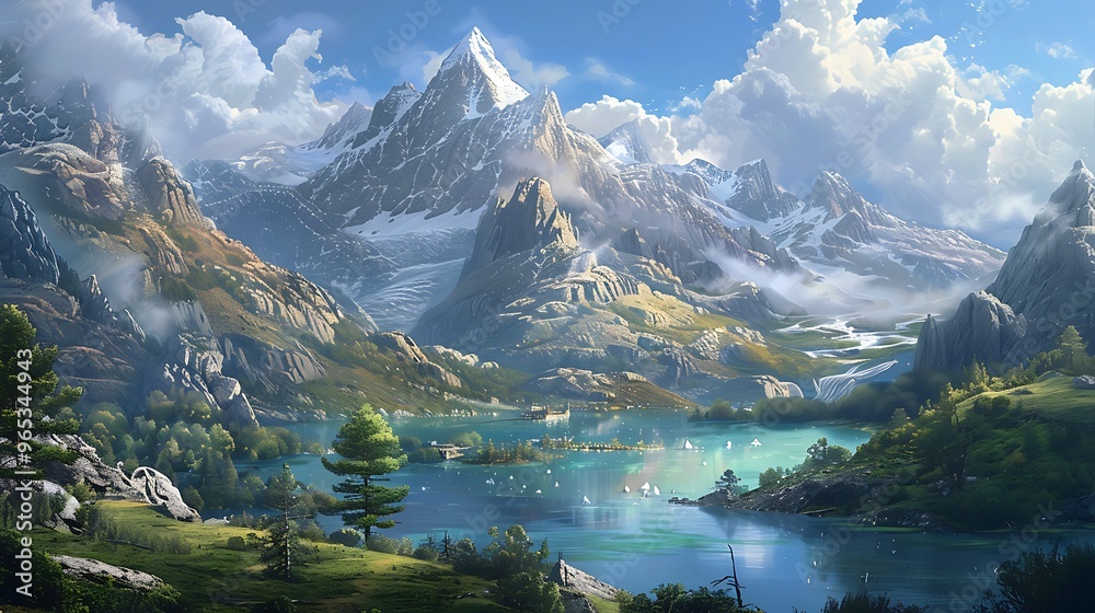 Stunning painting of a serene mountain lake landscape, with majestic peaks, sparkling water, and lush greenery. The scene evokes feelings of peace and tranquility. Stunning painting of a serene mountain lake landscape, with majestic peaks, sparkling water, and lush greenery. The scene evokes feelings of peace and tranquility.