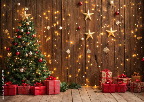 Warm Christmas Glow: A richly decorated Christmas tree against a rustic wooden backdrop with twinkling lights.
 photo