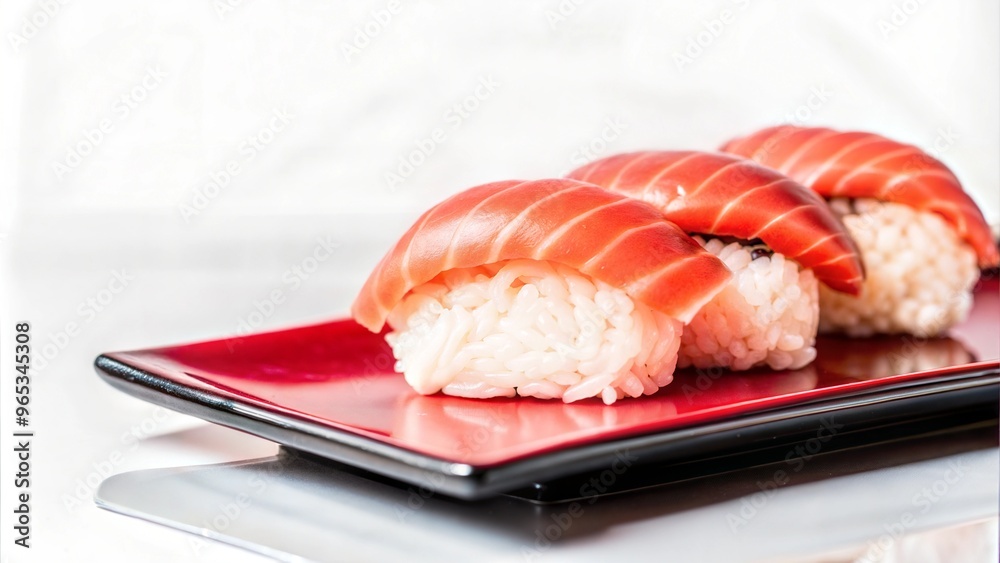 Fresh Salmon Nigiri Sushi on Red Plate, Close-up View Fresh Salmon Nigiri Sushi on Red Plate, Close-up View