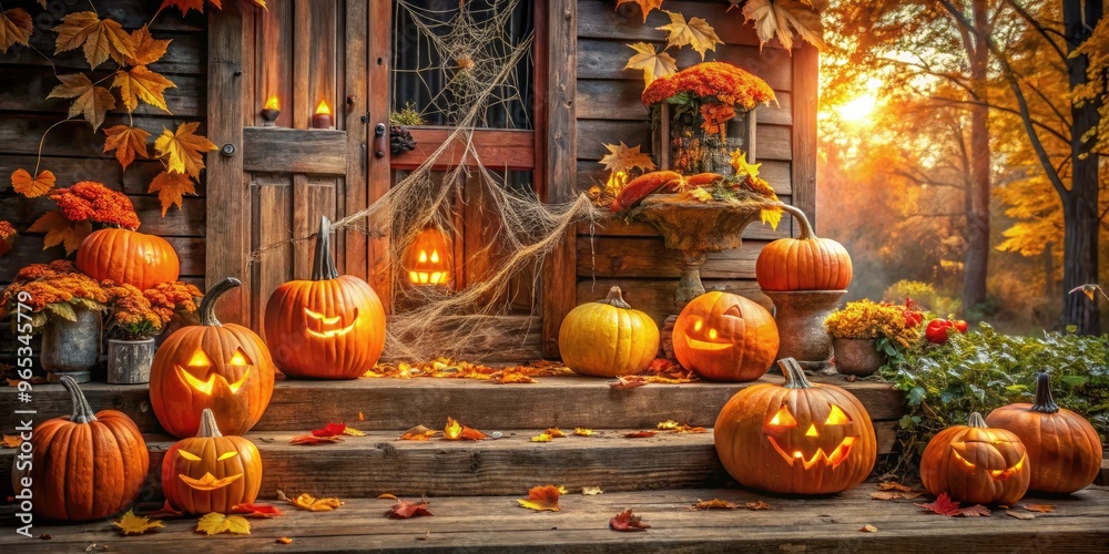 Obraz premium Vibrant orange pumpkins and glowing jack-o'-lanterns adorn a rustic wooden porch, surrounded by autumn leaves and spider webs, on a crisp Halloween morning.