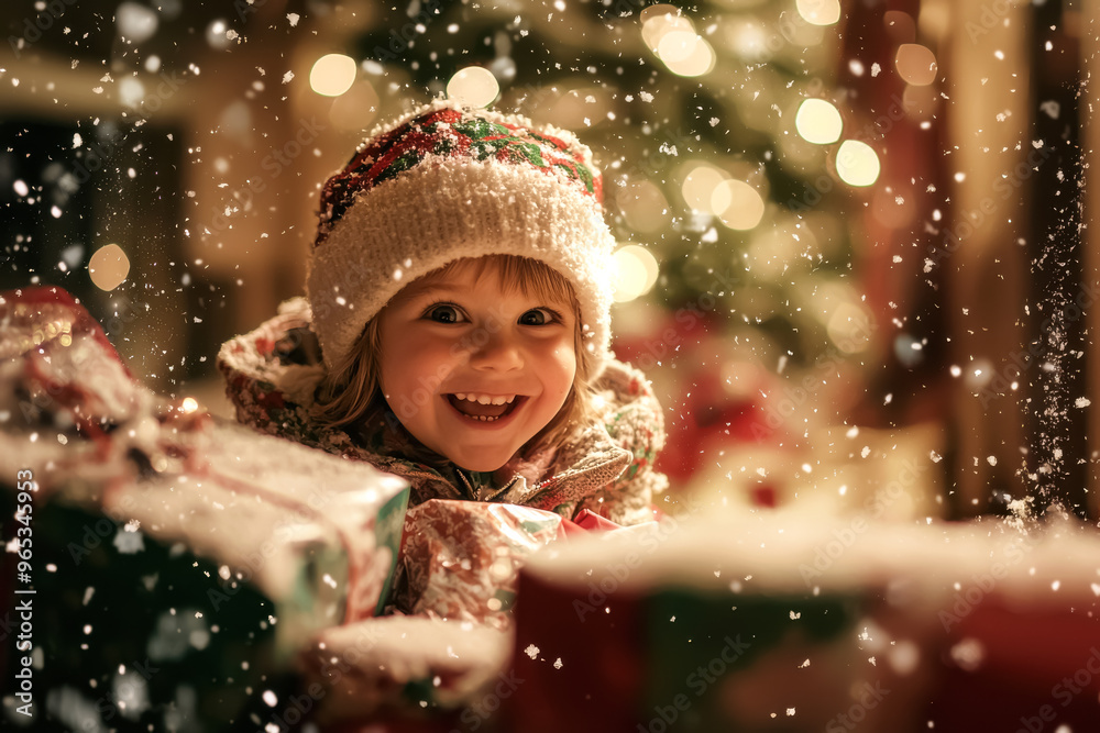 Cozy Christmas Eve Delight. A young Caucasian girl smiling at the camera, wrapped in a festive scarf, Christmas gifts around her.
