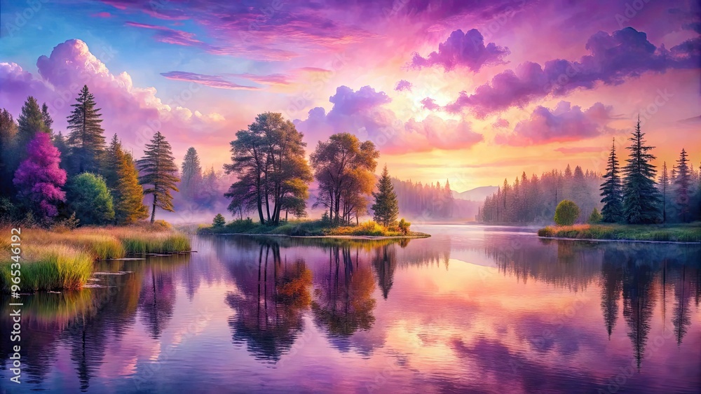 Fototapeta premium Vibrant purple and pink watercolor hues dance across a whimsical, dreamy landscape, transforming a serene lake scene into a soft, ethereal work of art.