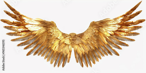 Golden angel wings are set against a white backdrop, showcasing their sharp focus and intricate details. photo