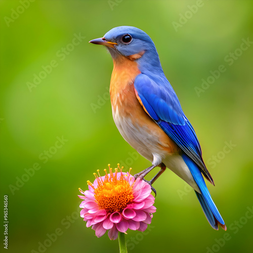 A blue bird sits on a flower with a green background