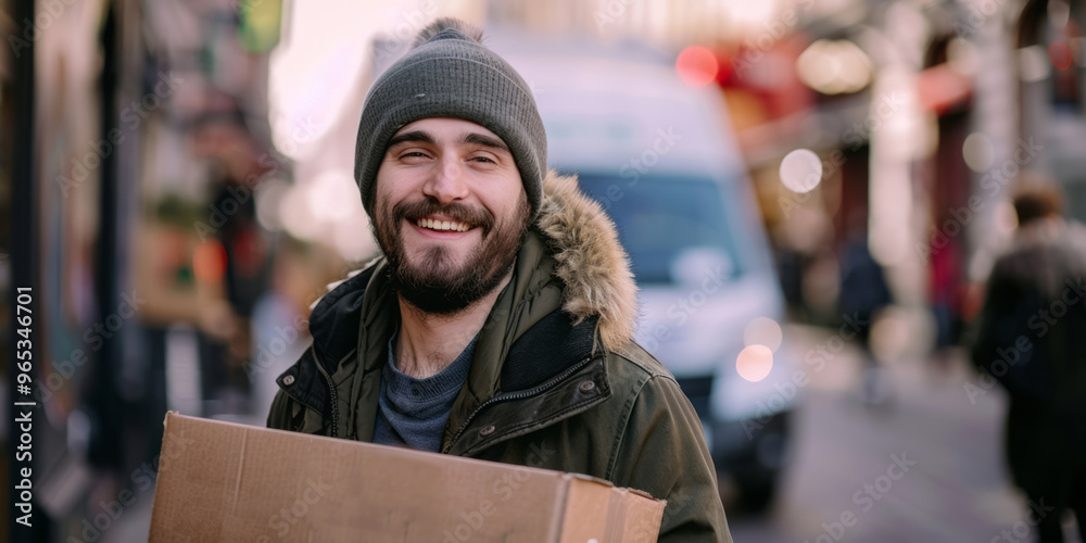 A smiling delivery man holds a cardboard box against a city street backdrop, standing by his truck. A smiling delivery man holds a cardboard box against a city street backdrop, standing by his truck.