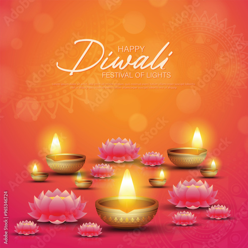 Happy Diwali - festival of lights colorful poster template design with decorative diya lamp. photo