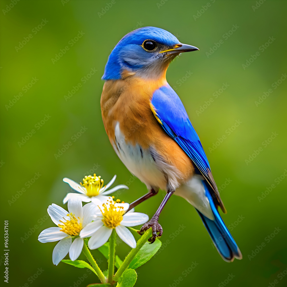 Fototapeta premium A blue bird sits on a flower with a green background