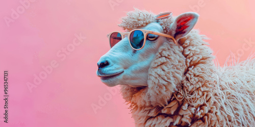 A sheep with sunglasses in detail against a pastel backdrop. photo