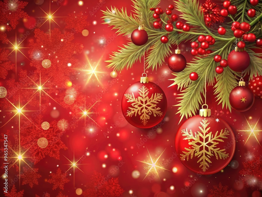 Vibrant red festive background with elegant snowflakes, glittering ornaments, and subtle mistletoe accents, evoking a cozy warm atmosphere perfect for holiday celebrations and advertising.