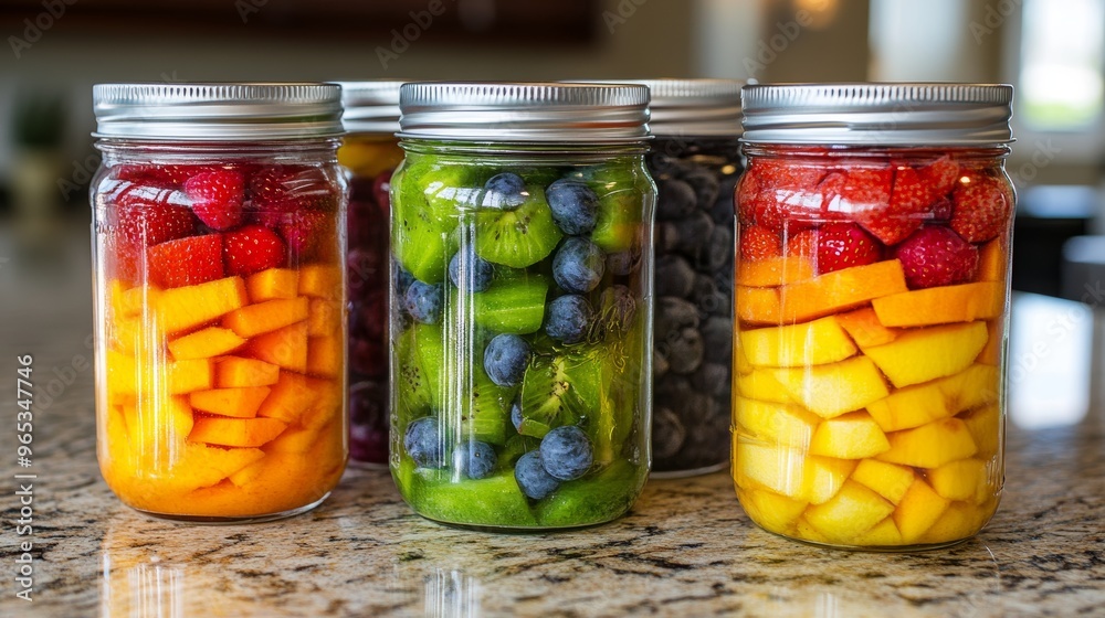 Colorful Layered Fruit Smoothies in Glass Jars, Bright Morning Kitchen Scene, Healthy Breakfast or Snack Concept Generative AI Colorful Layered Fruit Smoothies in Glass Jars, Bright Morning Kitchen Scene, Healthy Breakfast or Snack Concept Generative AI