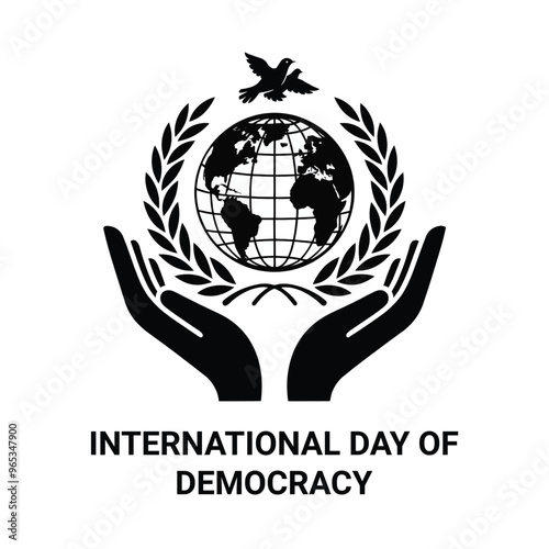 Abstract black and white globe design with laurel wreath celebrating International Day of Democracy, symbolizing global unity and democratic rights