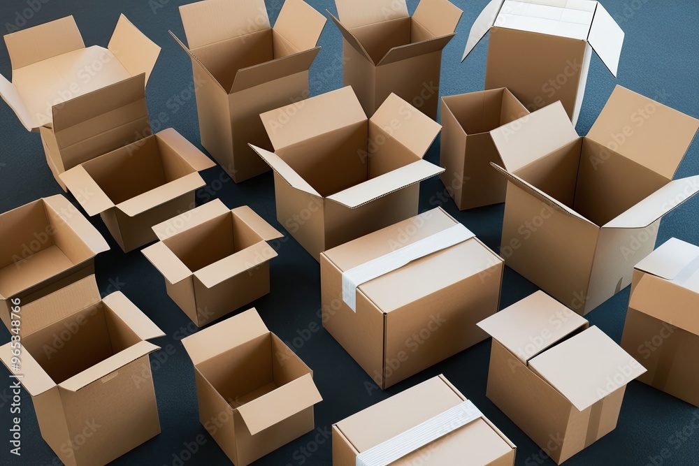 Diverse Collection of Cardboard Boxes and Packages in Various Open and Closed Styles for Packing and Logistics