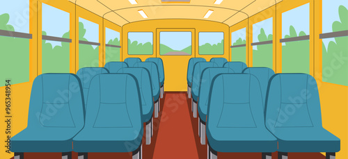 Empty bus salon with soft seats flat illustration. Public vehicle 2D interior cartoon background. Passengers transportation scene vector image