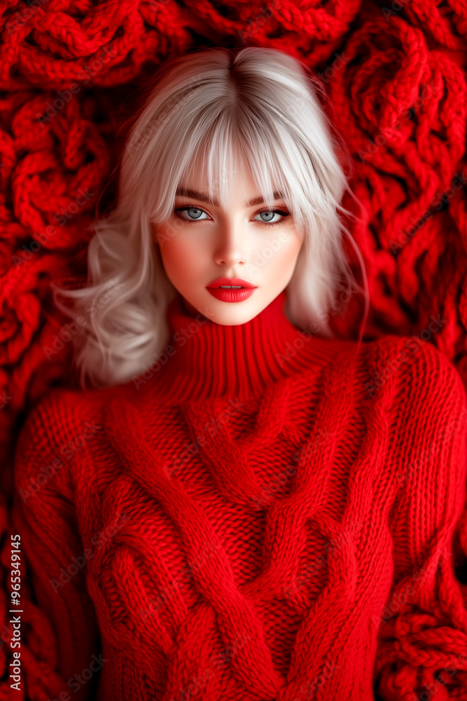 A woman is laying on a red blanket with her head tilted to the side. She is wearing a red sweater and red lipstick. The image has a warm and cozy feeling A woman is laying on a red blanket with her head tilted to the side. She is wearing a red sweater and red lipstick. The image has a warm and cozy feeling