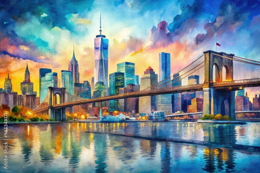 Fototapeta premium Vibrant watercolor depiction of iconic Manhattan skyline featuring towering skyscrapers, bustling streets, and majestic bridges set against a dreamy, soft-focus blue-gray background.